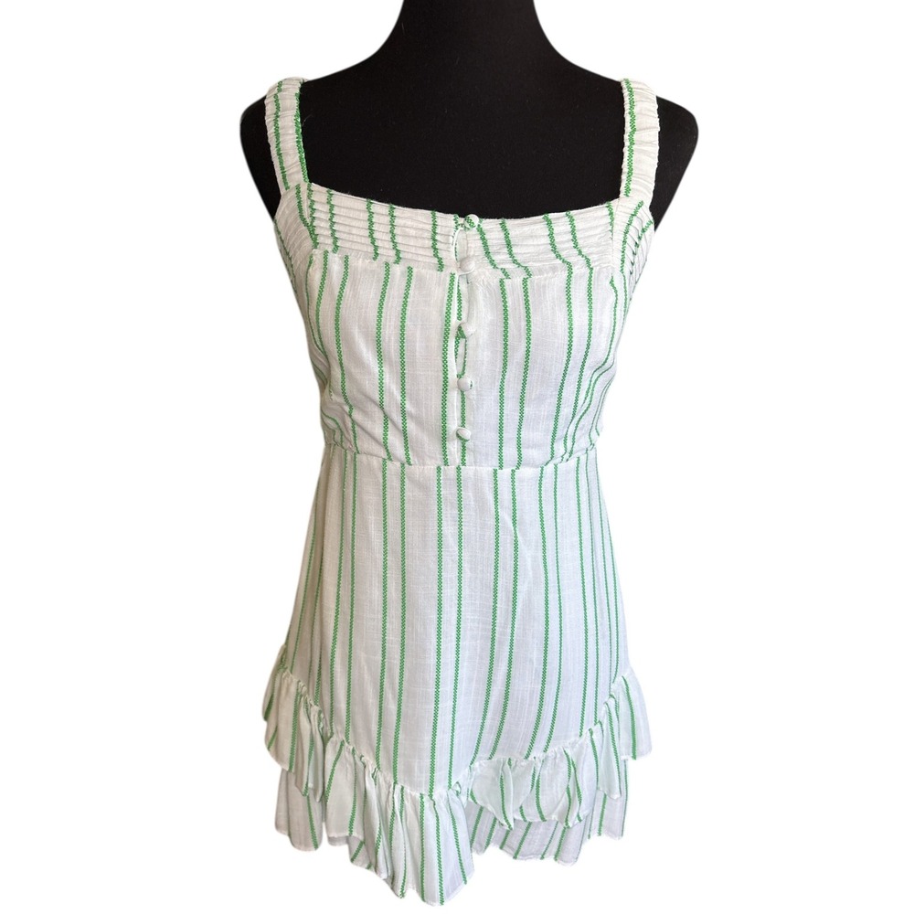 Olivaceous 100% Rayon White Sundress with Green Stripes & Ruffle Hem,Size Medium